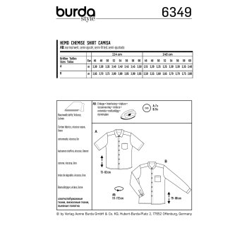 Burda 6349, Herrenhemd – kurzarm – langarm – Hemd mit Stehkragen